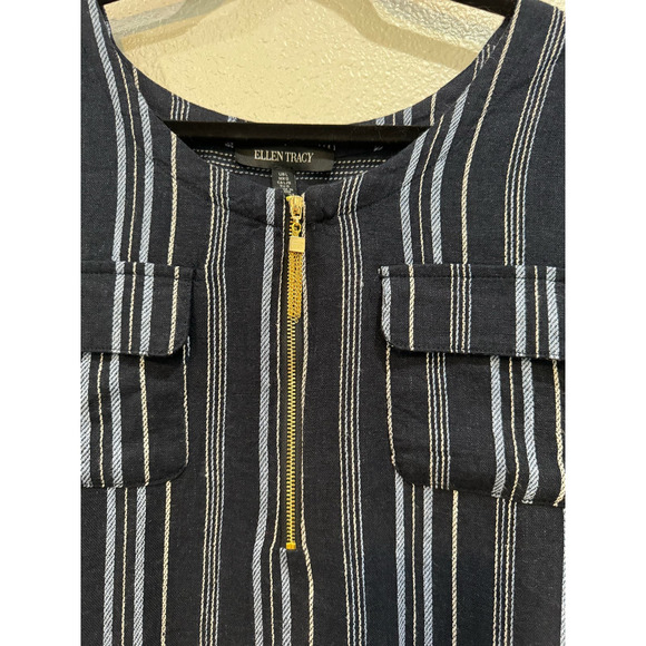 61. ELLEN TRACY $79 Navy Blue White Stripe Linen Blend Top Size L - Picture 5 of 8